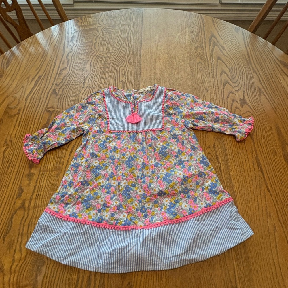 Mini Boden light Blue Pink Floral Seersucker Dress 2-3Y White Striped EUC Twins